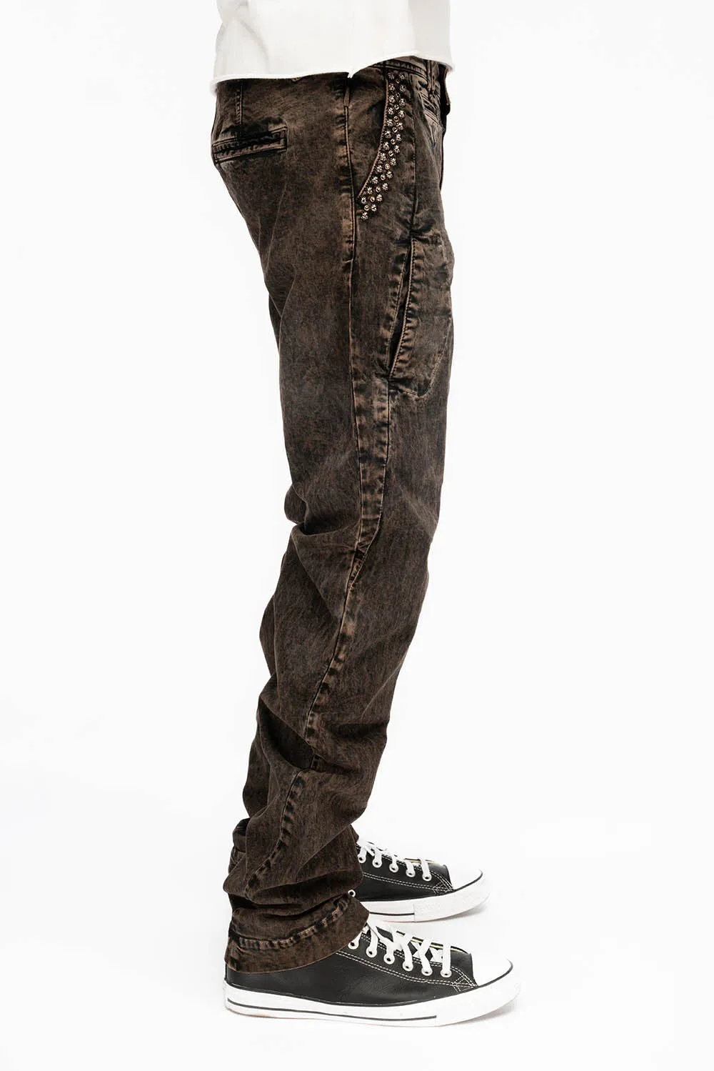 MENS CHINO PANTS WITH STUDS AND CRYSTALS IN BROWN WASH