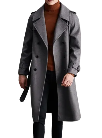 Mens Everett Front Button Grey Wool Double Breasted Long Coat