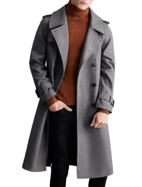 Mens Everett Front Button Grey Wool Double Breasted Long Coat