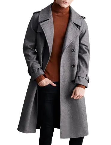 Mens Everett Front Button Grey Wool Double Breasted Long Coat