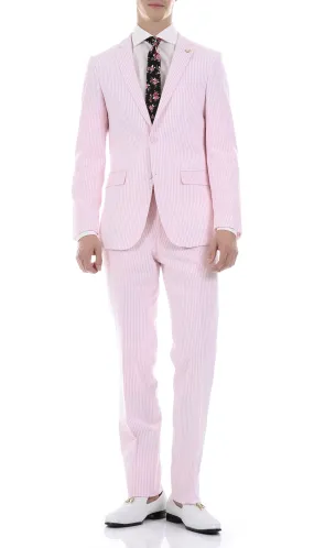 Men's Slim Fit Two Button Pink Seersucker Suit