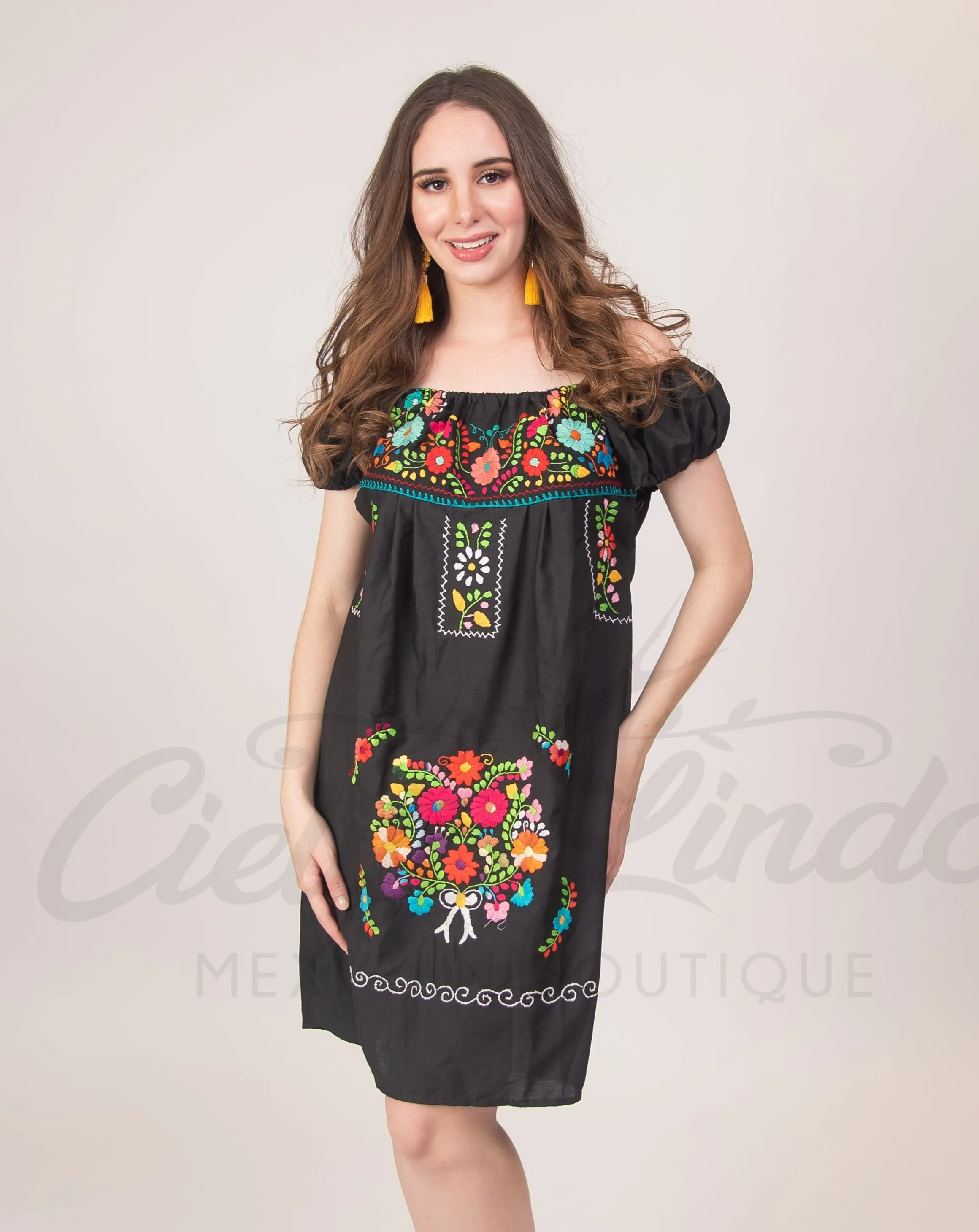 Mexican Floral Embroidered Off the Shoulder Dress Evelia Black