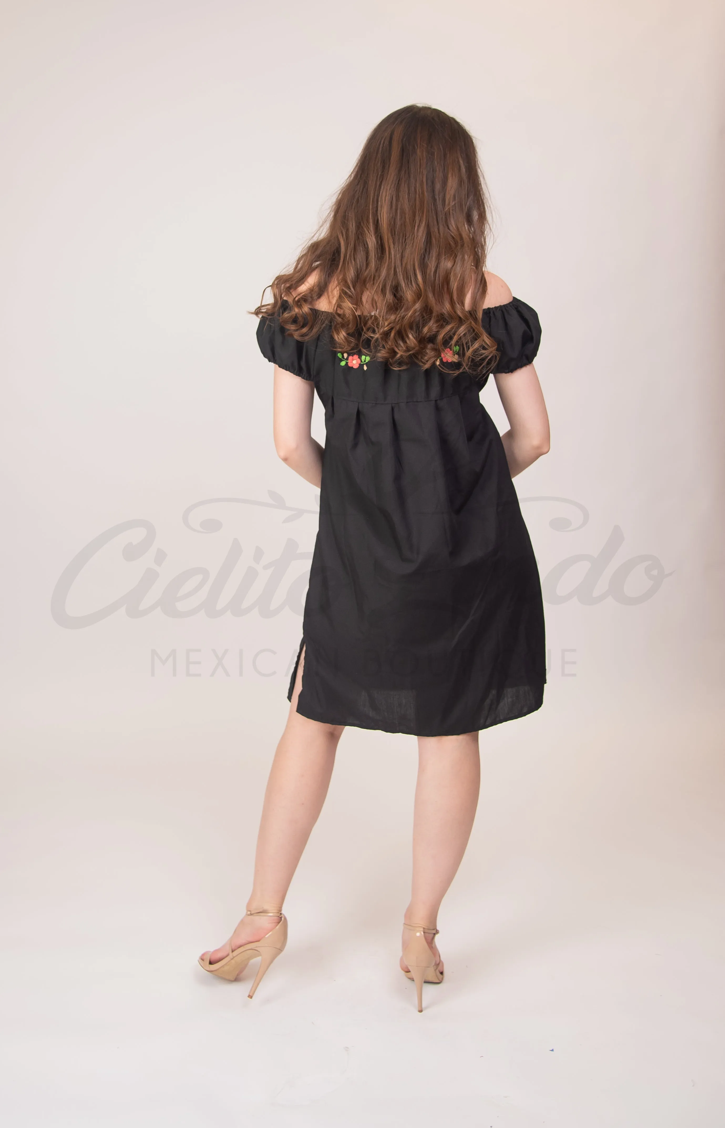 Mexican Floral Embroidered Off the Shoulder Dress Evelia Black