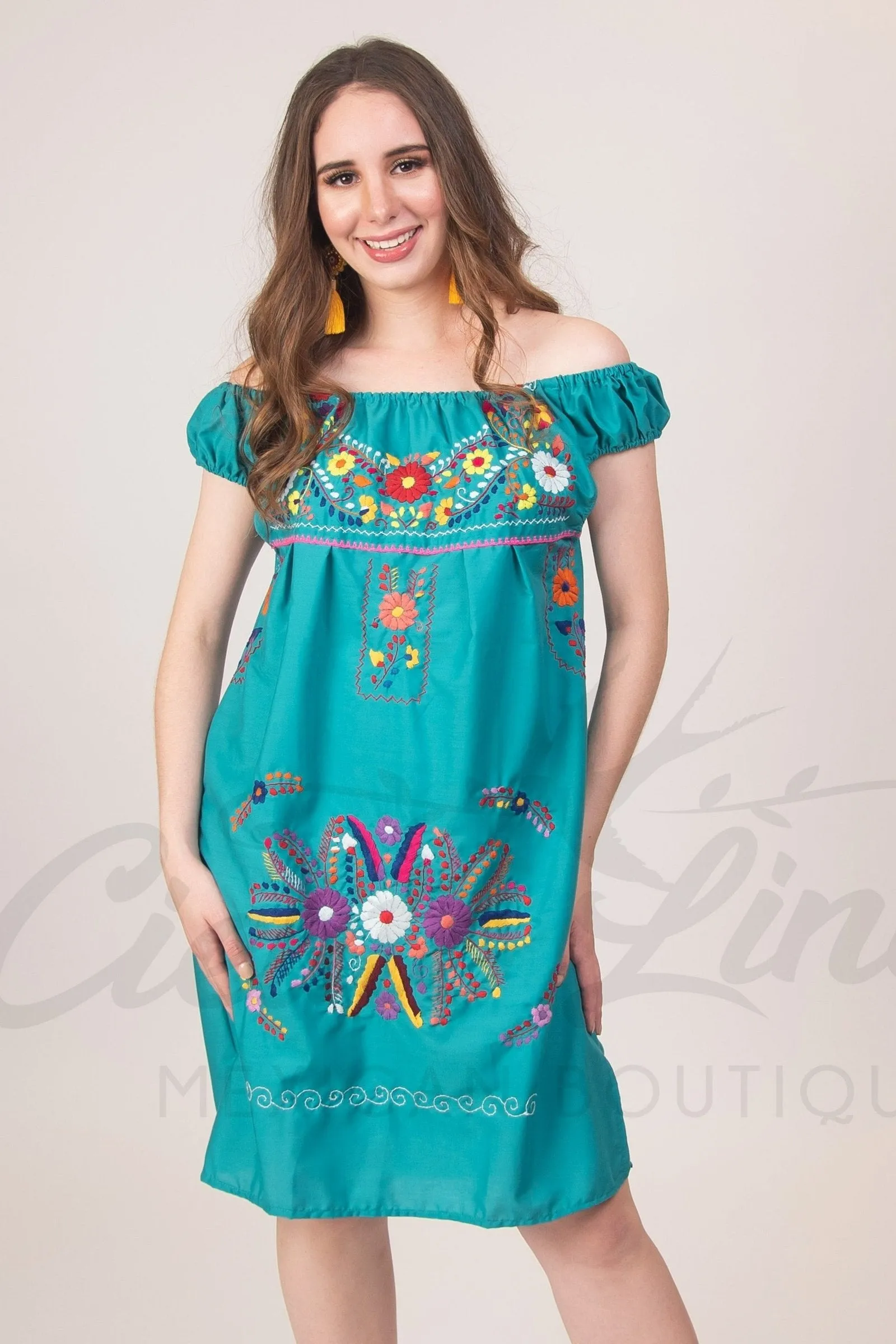 Mexican Floral Embroidered Off the Shoulder Dress Evelia Teal