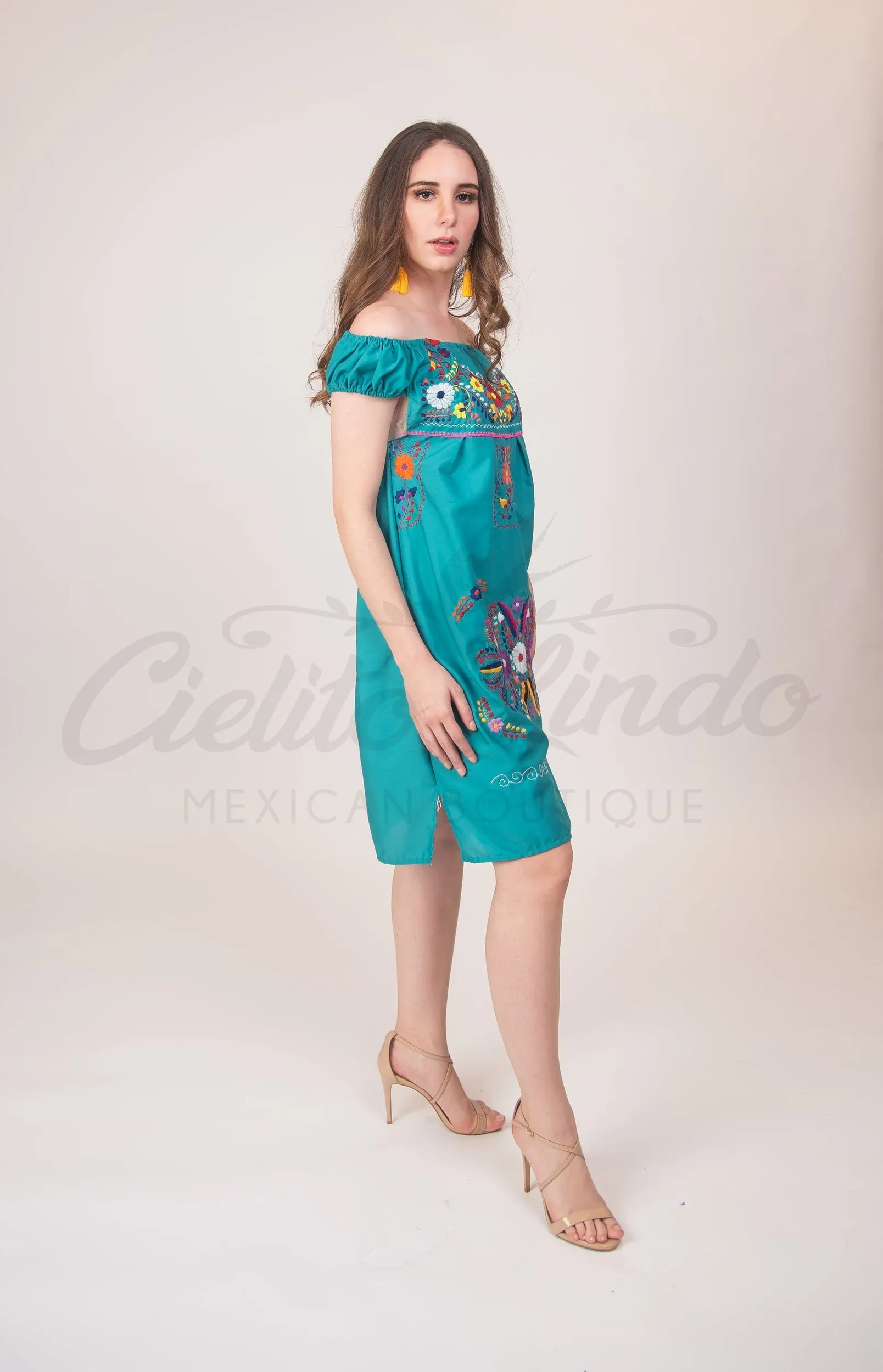 Mexican Floral Embroidered Off the Shoulder Dress Evelia Teal