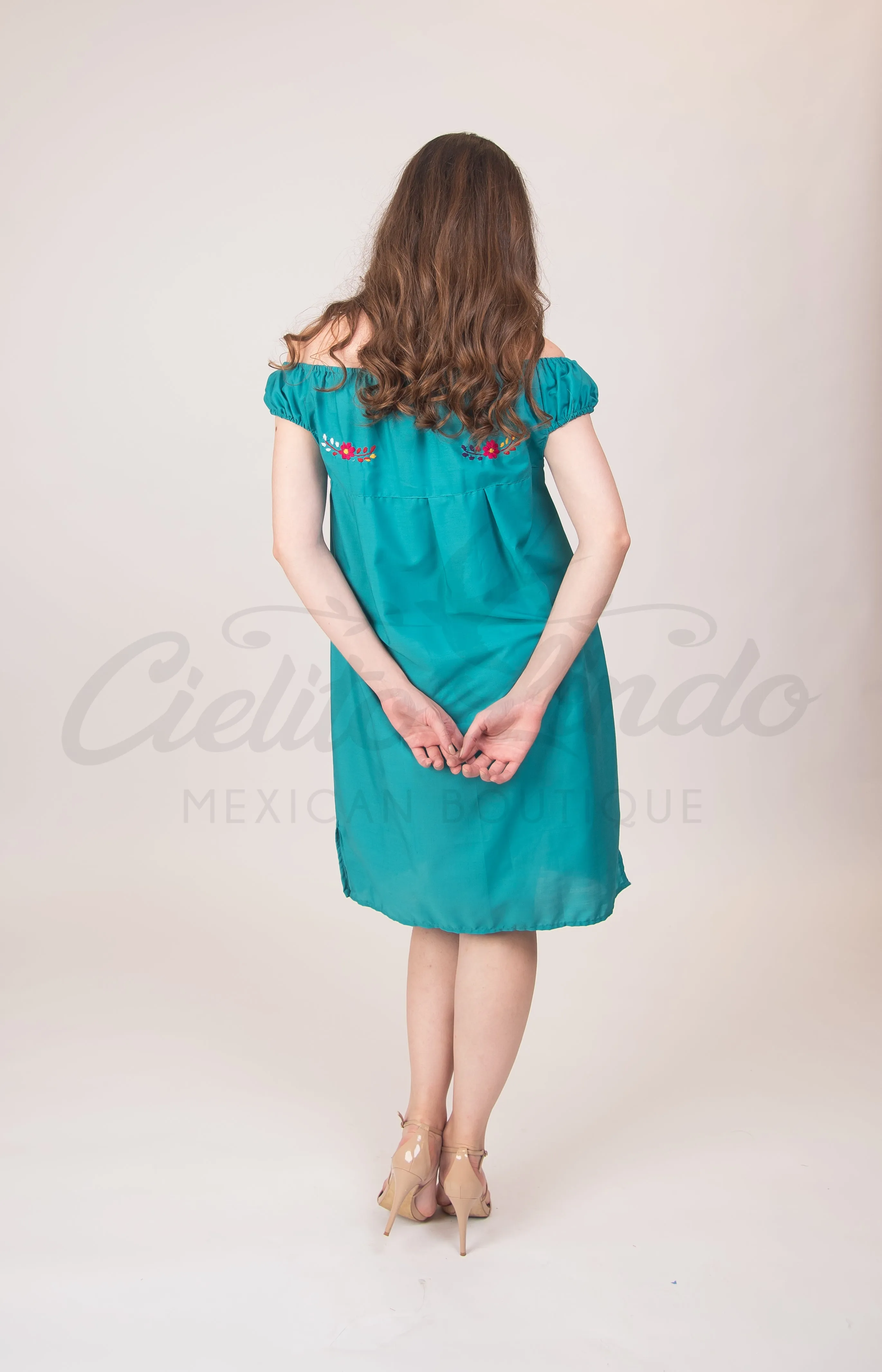 Mexican Floral Embroidered Off the Shoulder Dress Evelia Teal