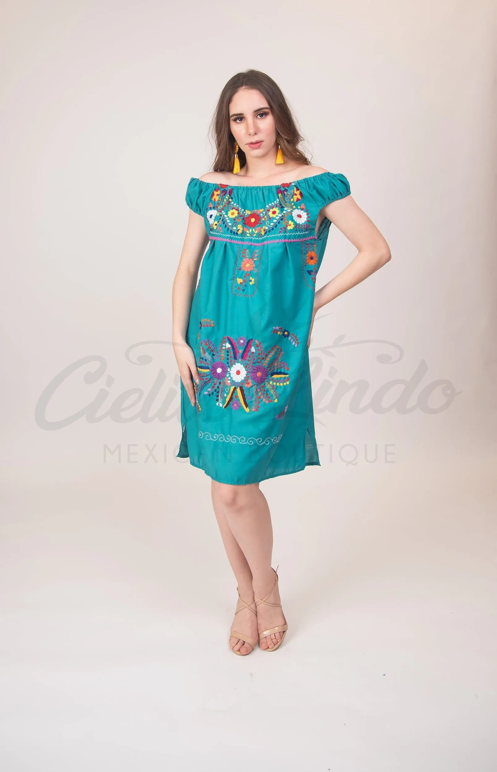 Mexican Floral Embroidered Off the Shoulder Dress Evelia Teal