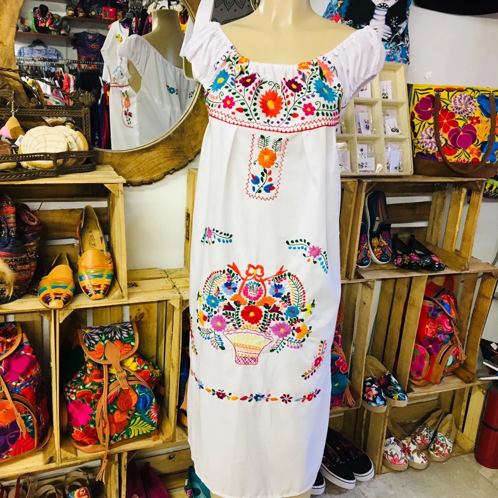 Mexican Floral Embroidered Off the Shoulder Dress Evelia White