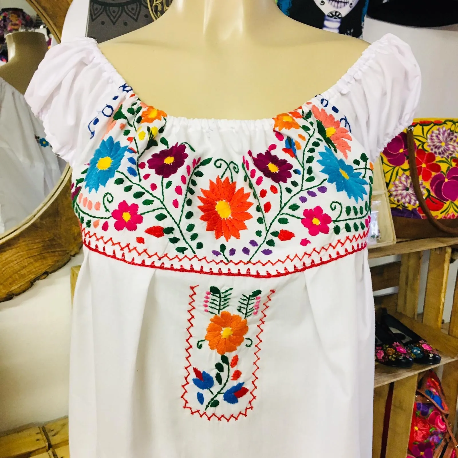 Mexican Floral Embroidered Off the Shoulder Dress Evelia White