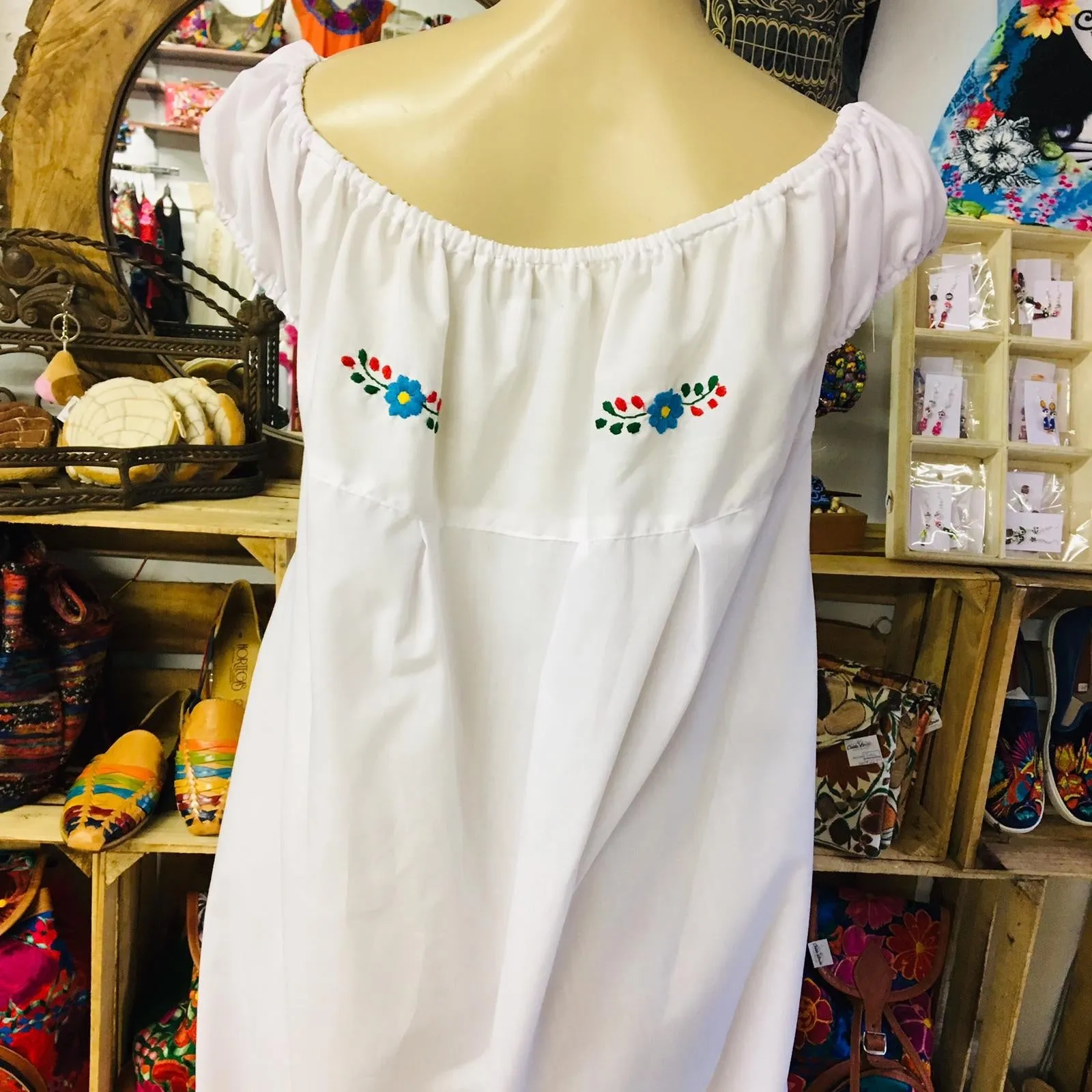 Mexican Floral Embroidered Off the Shoulder Dress Evelia White