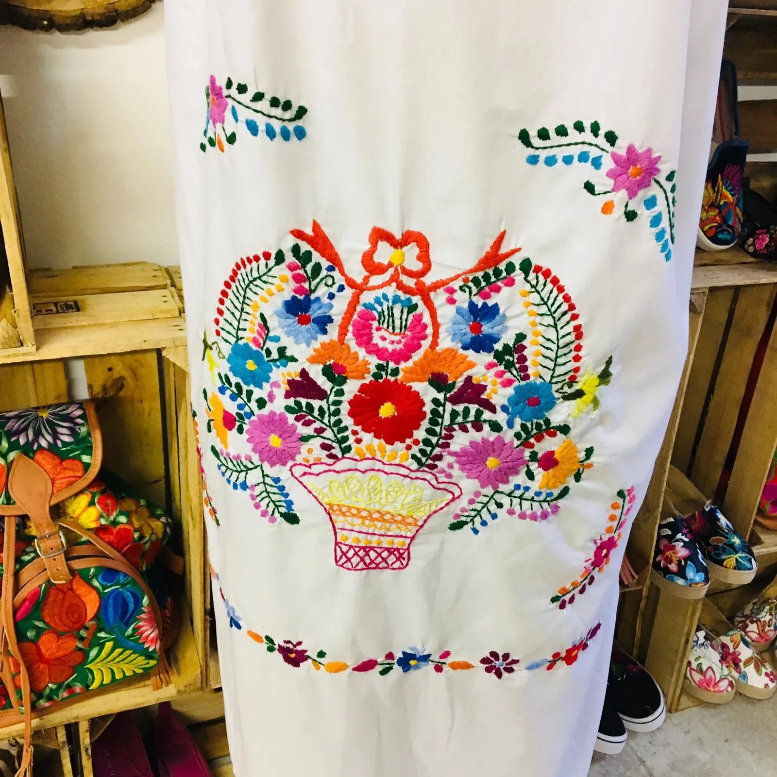 Mexican Floral Embroidered Off the Shoulder Dress Evelia White