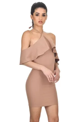 Mink Halterneck Frill Bodycon Dress