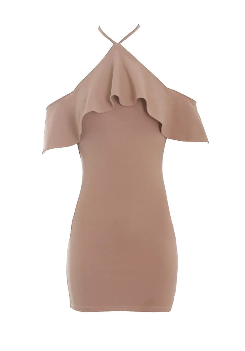 Mink Halterneck Frill Bodycon Dress