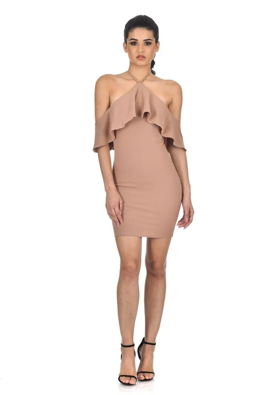 Mink Halterneck Frill Bodycon Dress