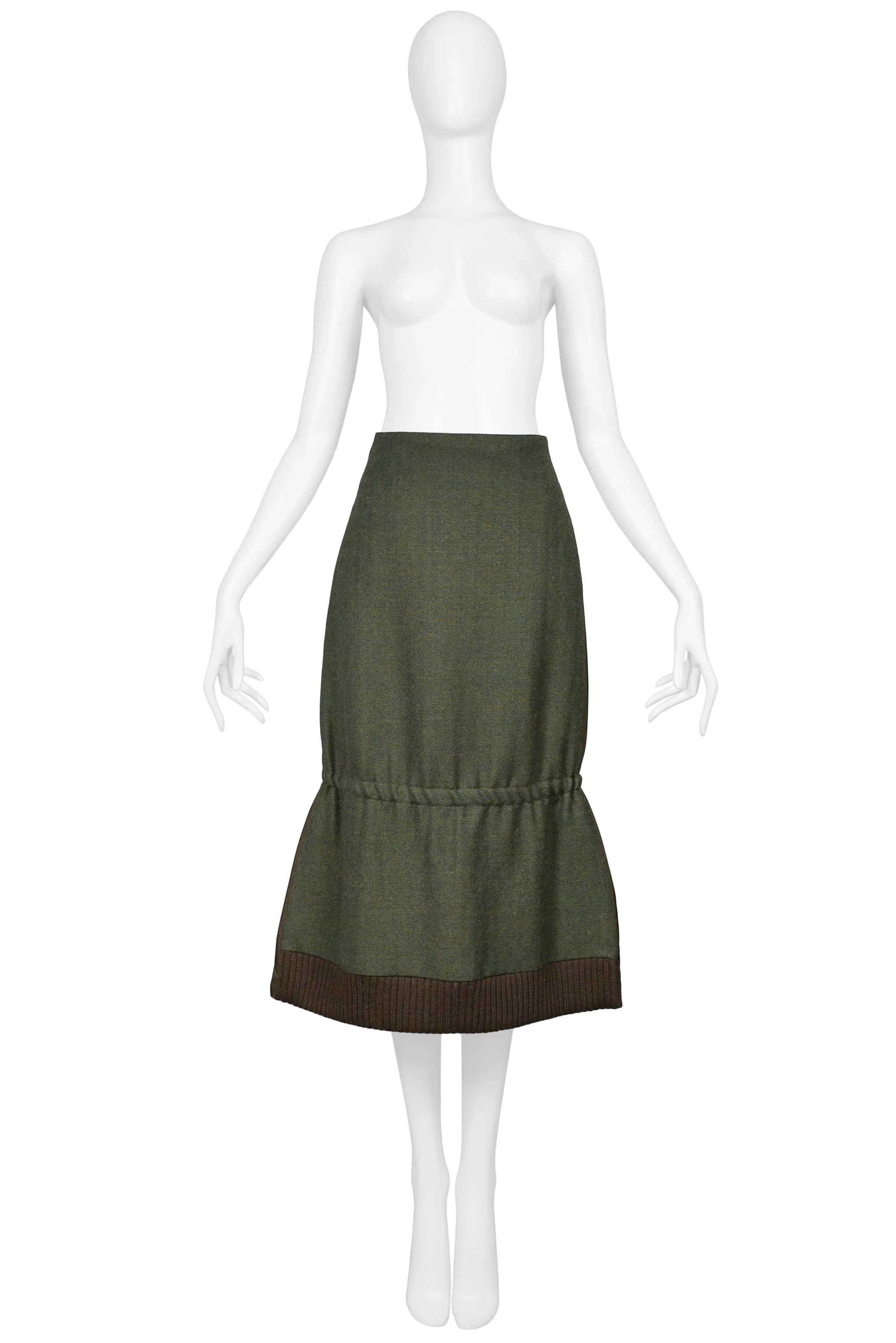 MIU MIU ARMY GREEN WOOL AND NYLON TECH SKIRT 1999