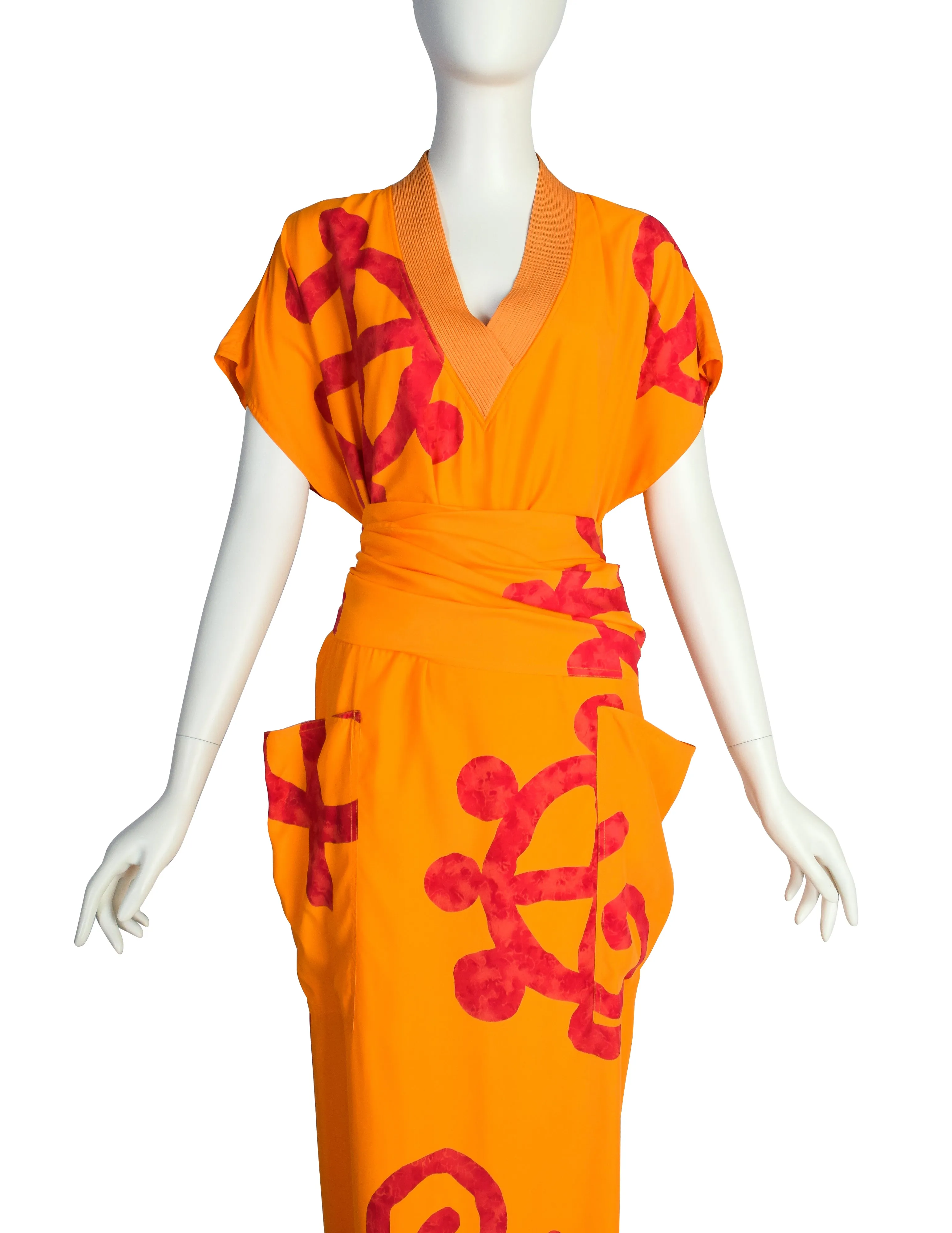 Mondrian Vintage 1980s Orange and Red Print Wrapping Back Vent Dress