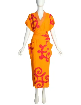 Mondrian Vintage 1980s Orange and Red Print Wrapping Back Vent Dress