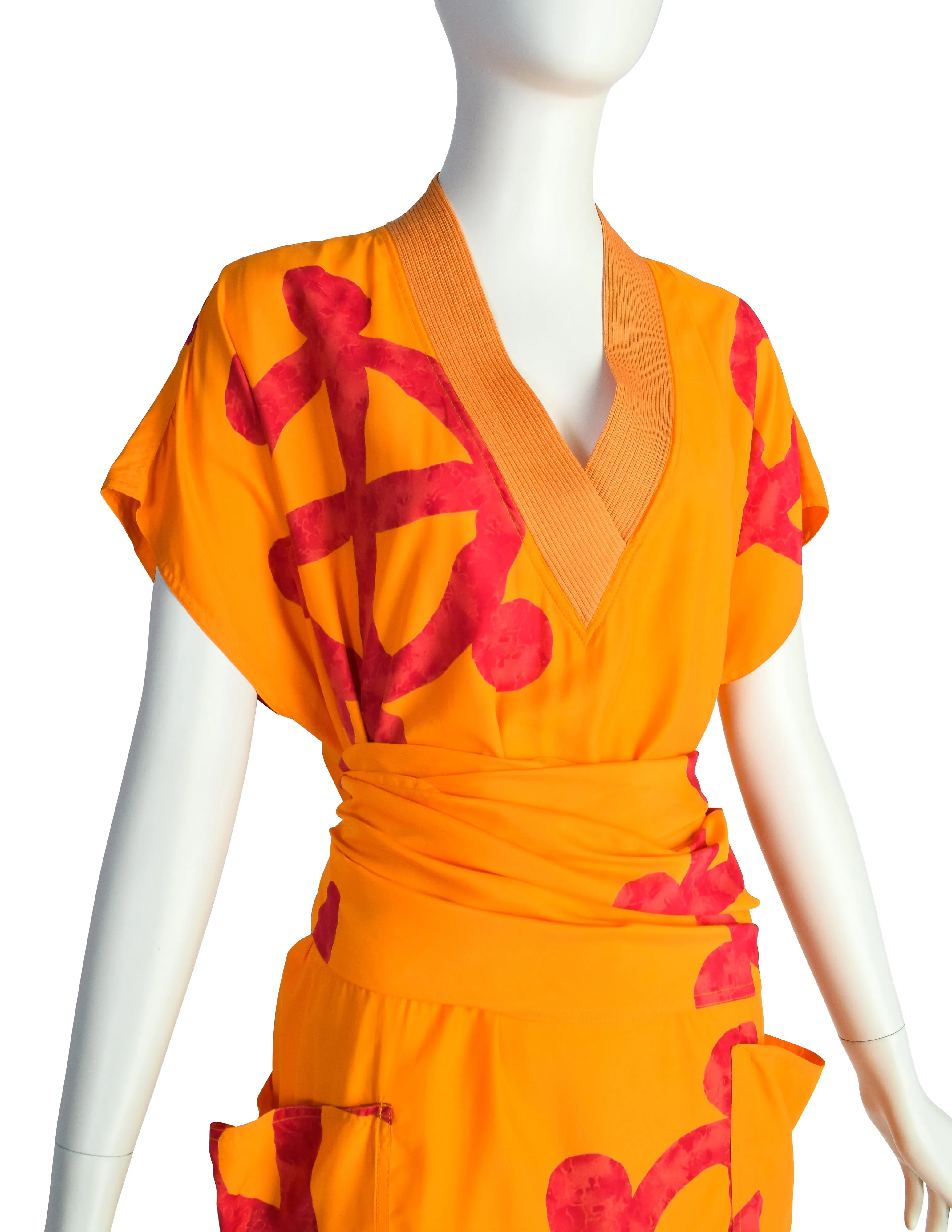 Mondrian Vintage 1980s Orange and Red Print Wrapping Back Vent Dress