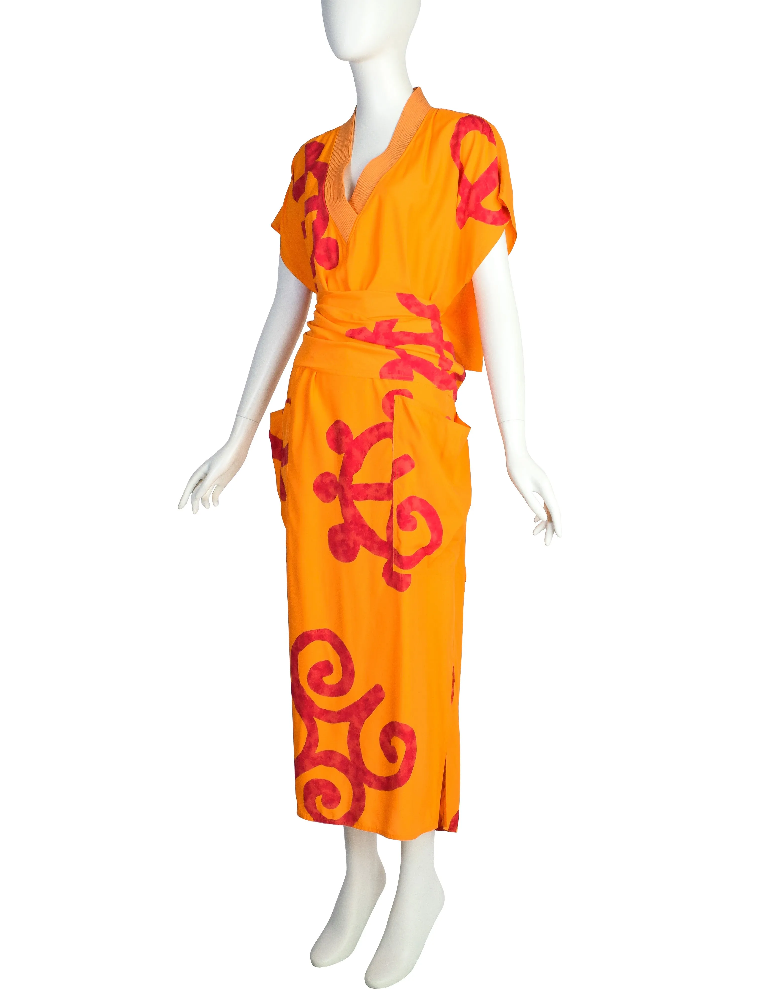 Mondrian Vintage 1980s Orange and Red Print Wrapping Back Vent Dress