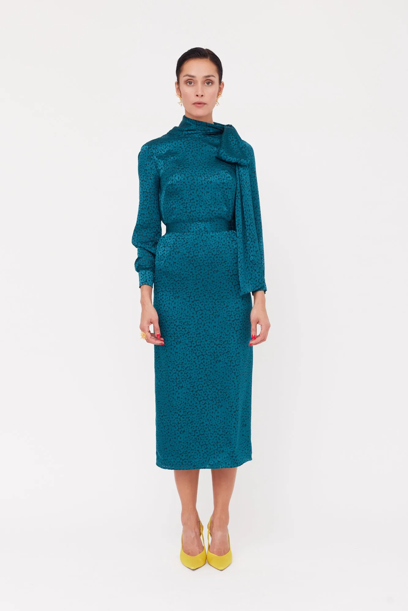 MONE Teal Blue Jacquard Fabric Midi Dress With Ribbon on Shoulder