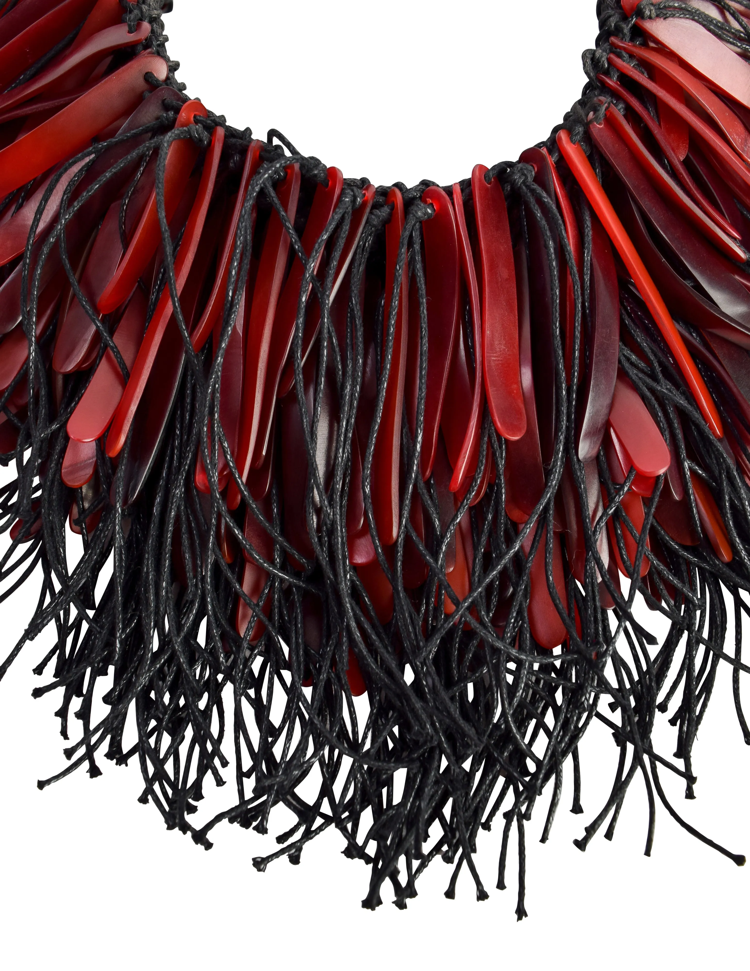 Monies Vintage Exceptional Red Horn Black Rope Fringe Statement Necklace