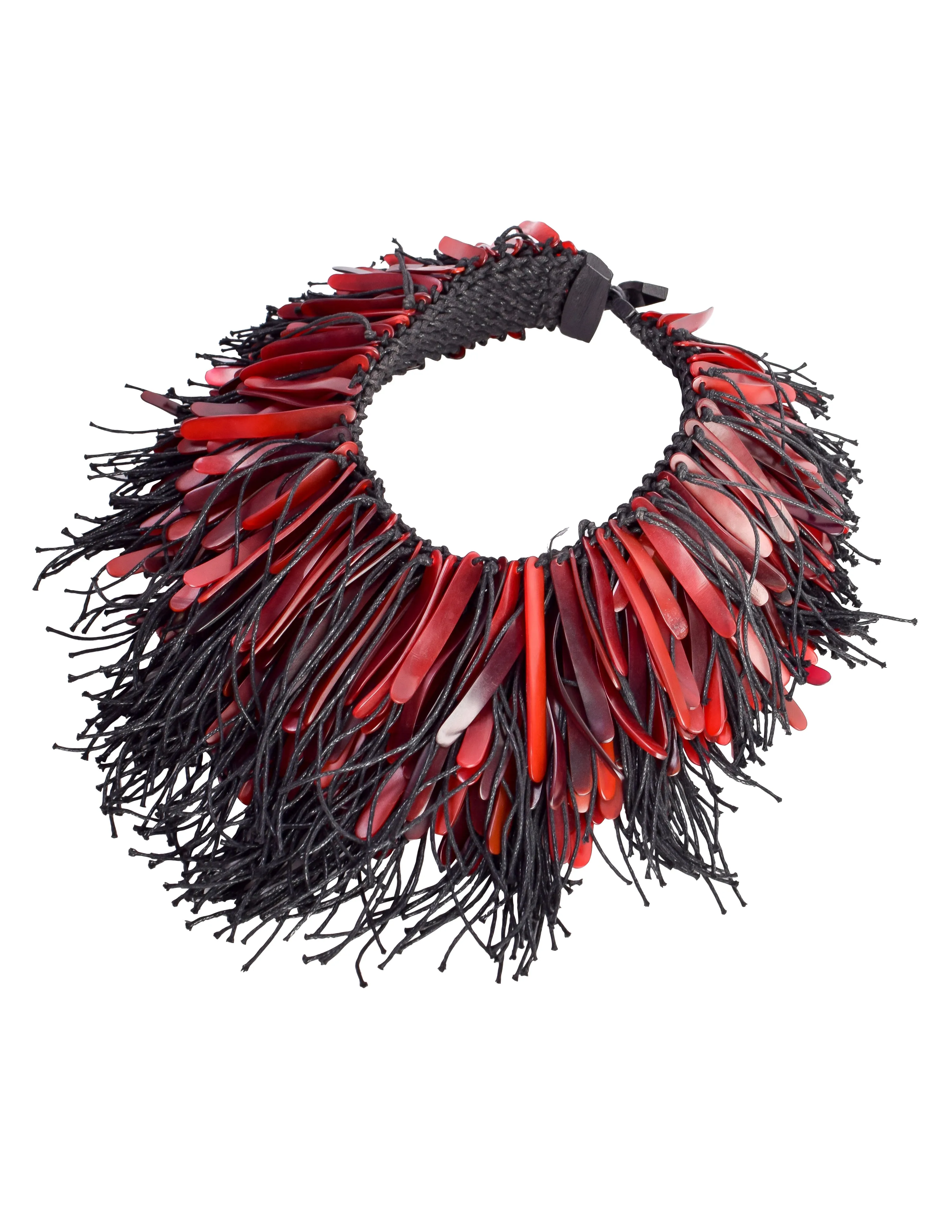 Monies Vintage Exceptional Red Horn Black Rope Fringe Statement Necklace