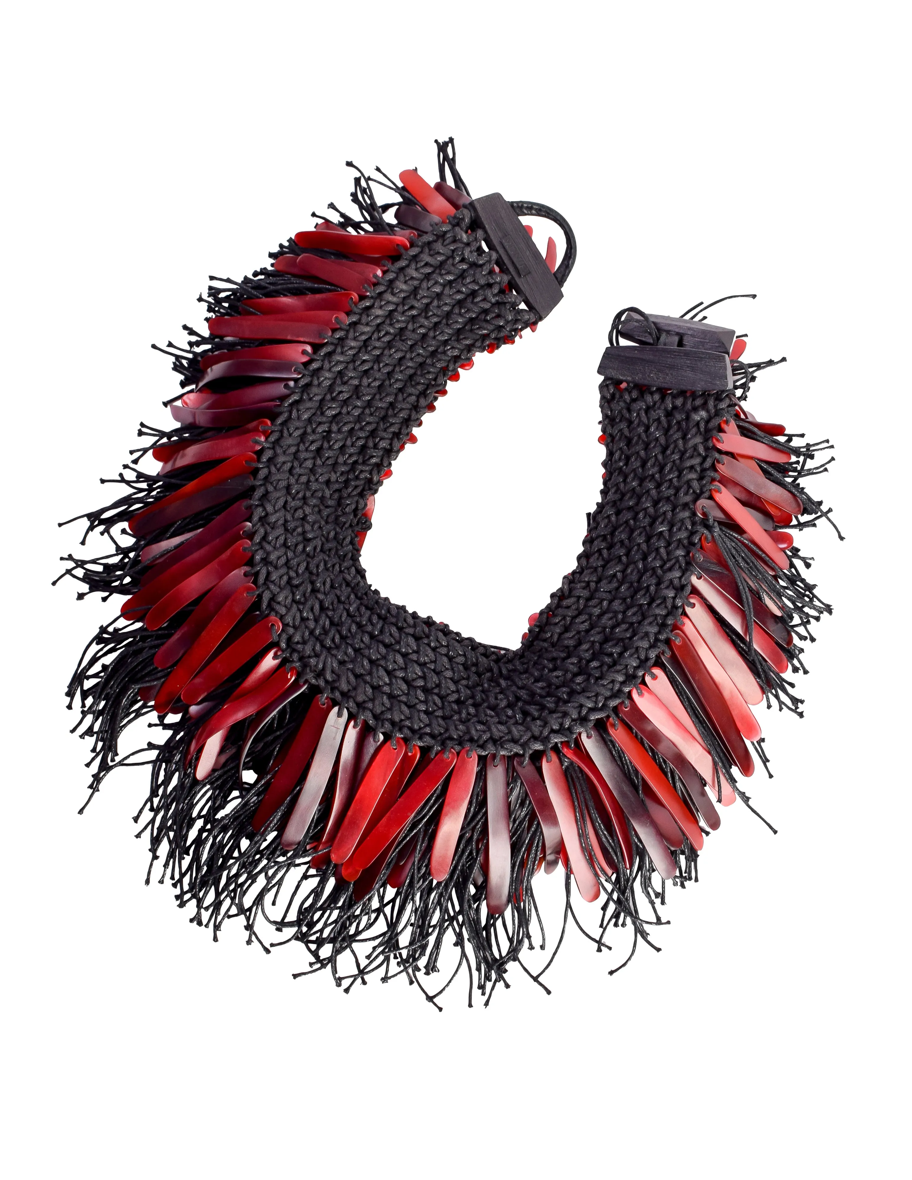 Monies Vintage Exceptional Red Horn Black Rope Fringe Statement Necklace