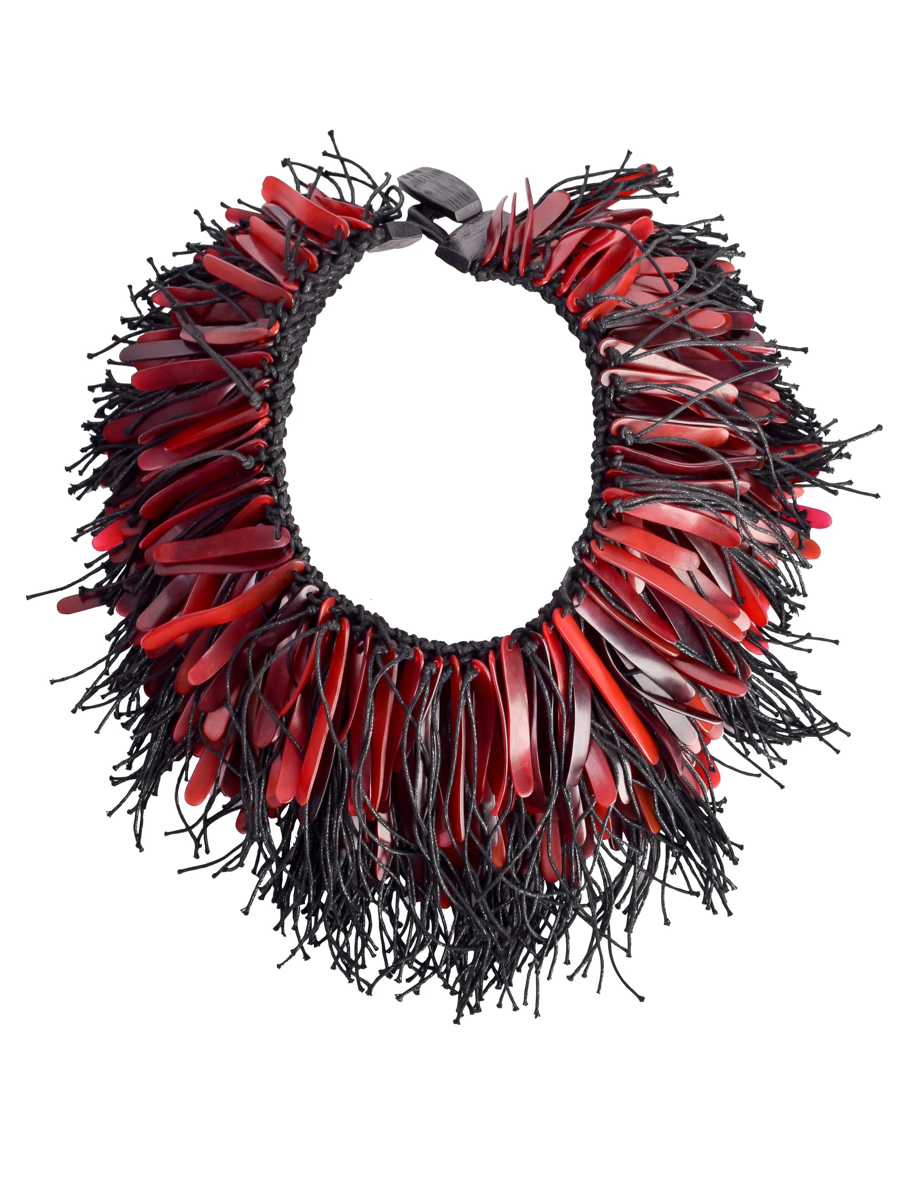 Monies Vintage Exceptional Red Horn Black Rope Fringe Statement Necklace