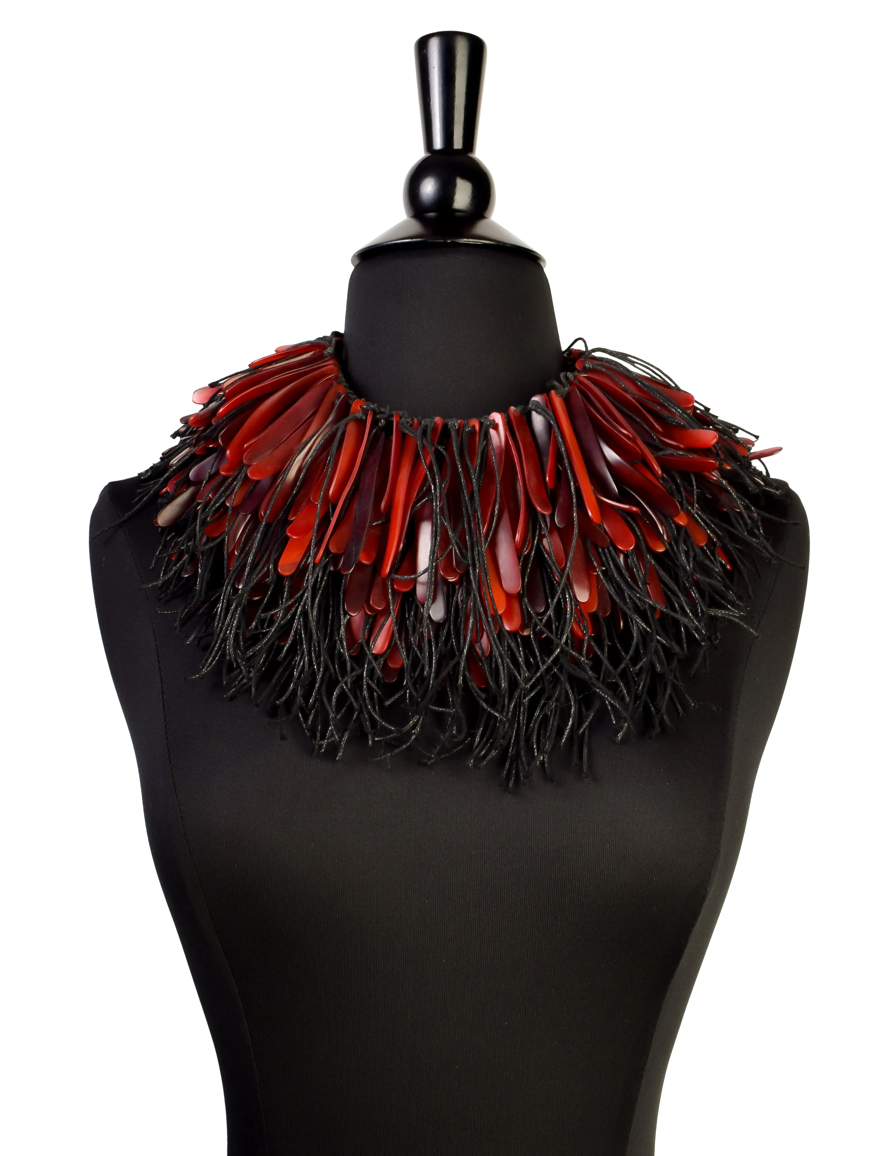 Monies Vintage Exceptional Red Horn Black Rope Fringe Statement Necklace