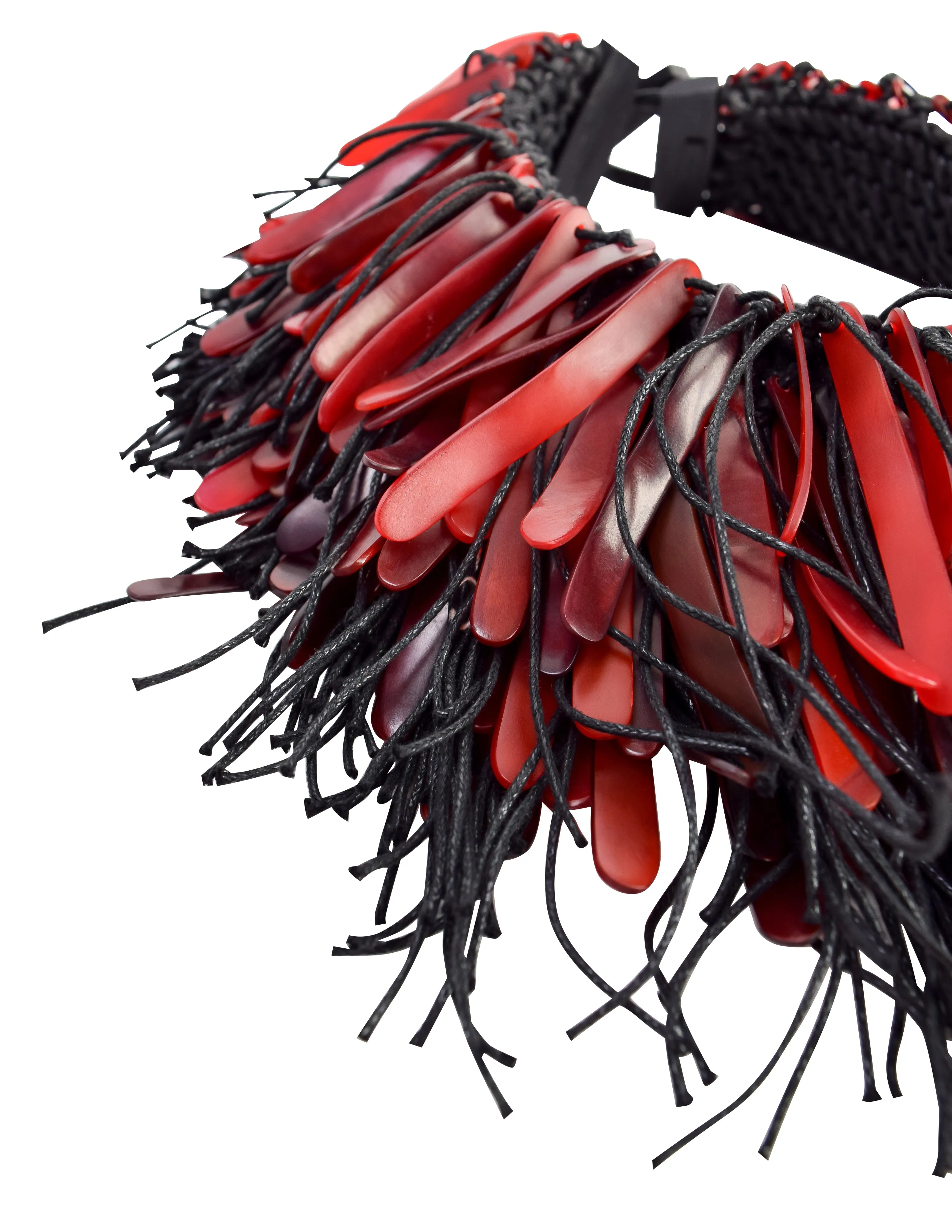 Monies Vintage Exceptional Red Horn Black Rope Fringe Statement Necklace