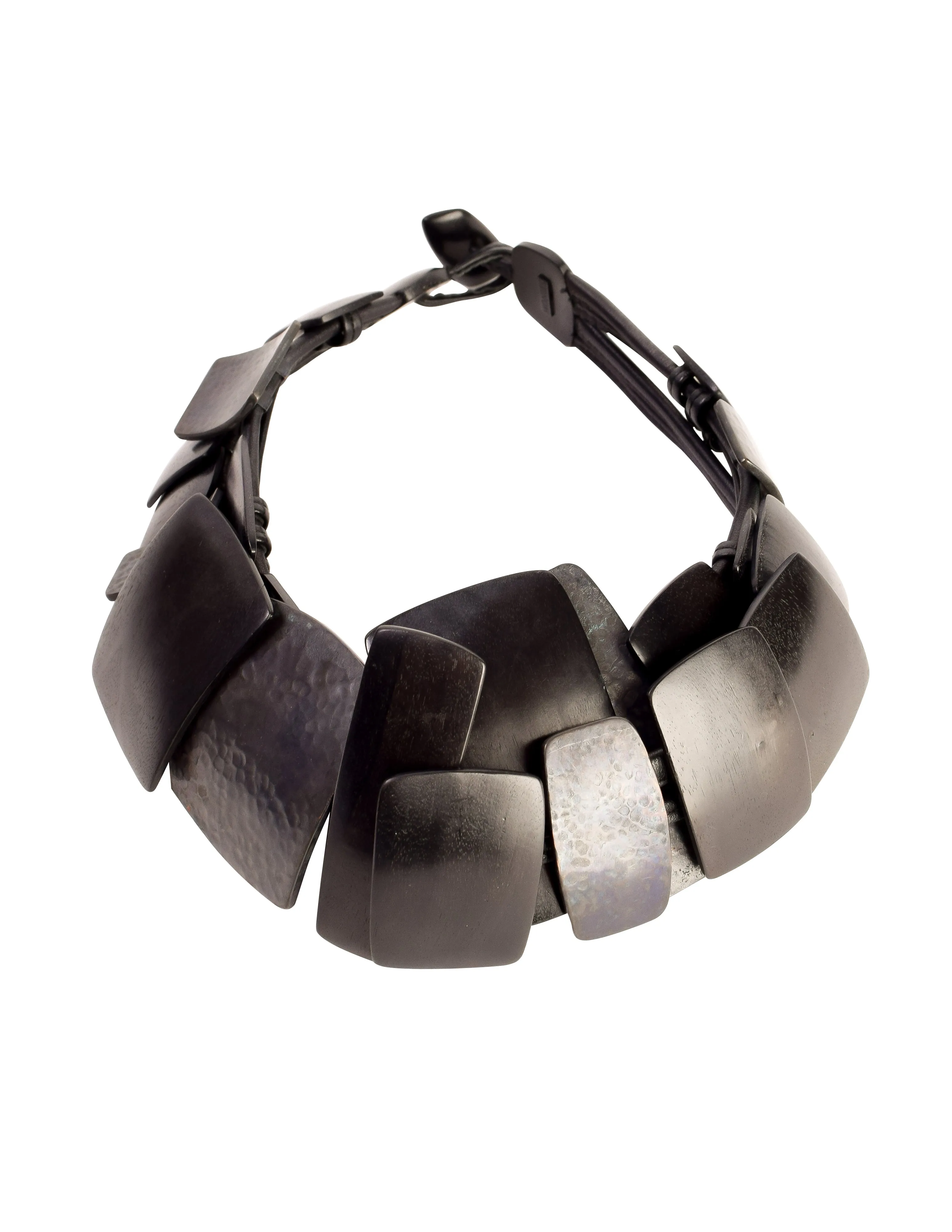 Monies Vintage Oversized Ebony Wood and Hammered Oxidized Gunmetal Plate Necklace