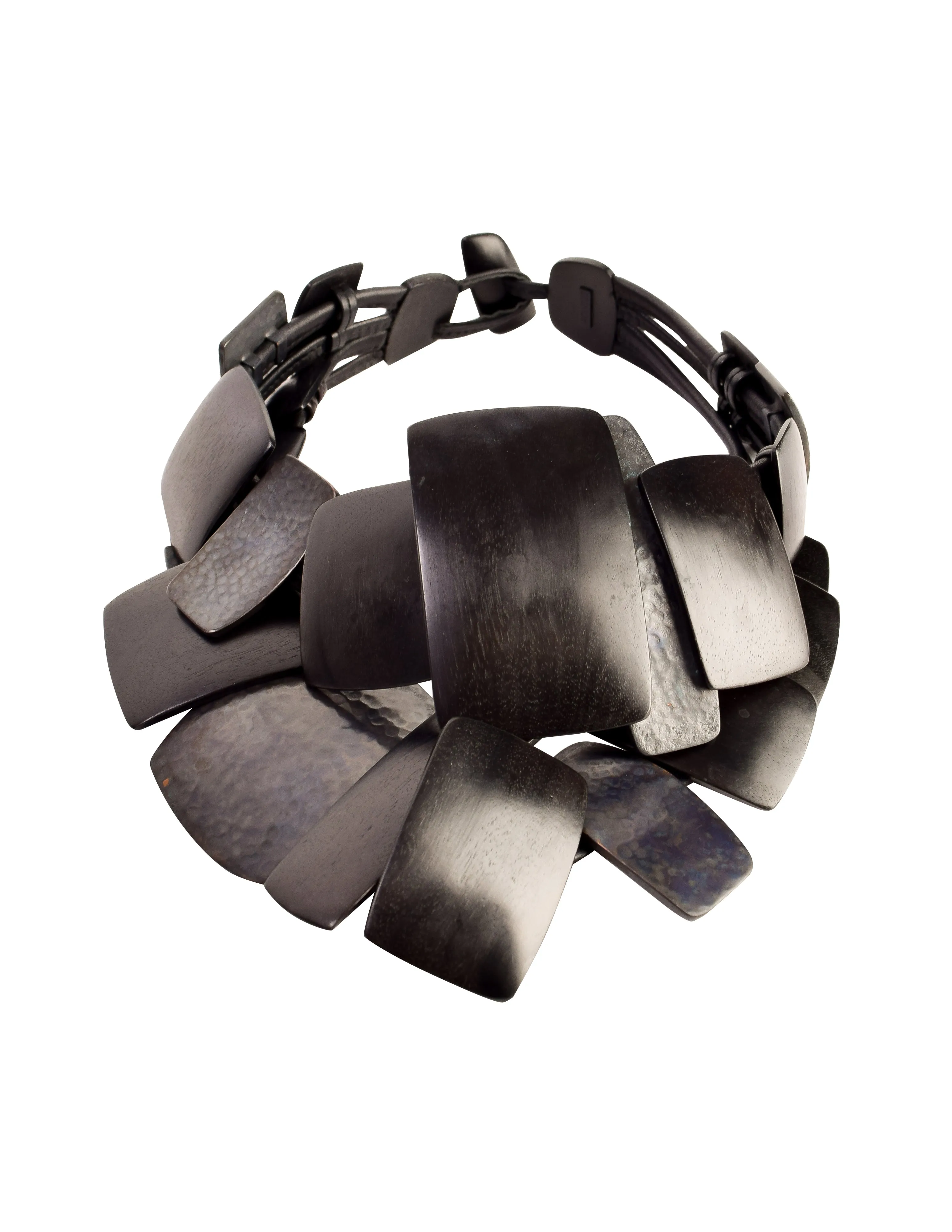 Monies Vintage Oversized Ebony Wood and Hammered Oxidized Gunmetal Plate Necklace