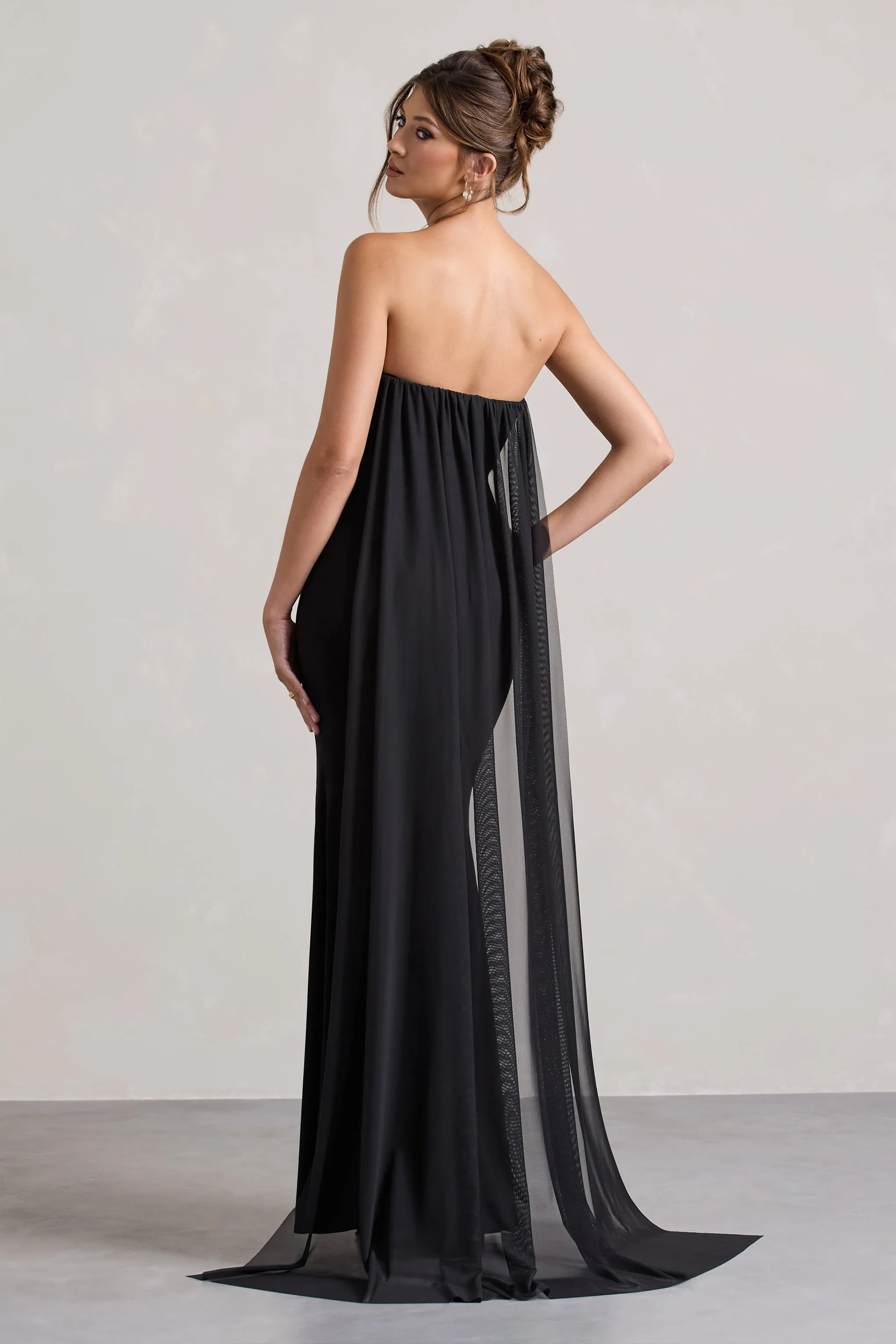 More To Come | Black Strapless Wrap Cape Maxi Dress With Corsage