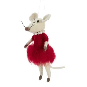 Mouse with Red Dress and Pearls Felted Ornament