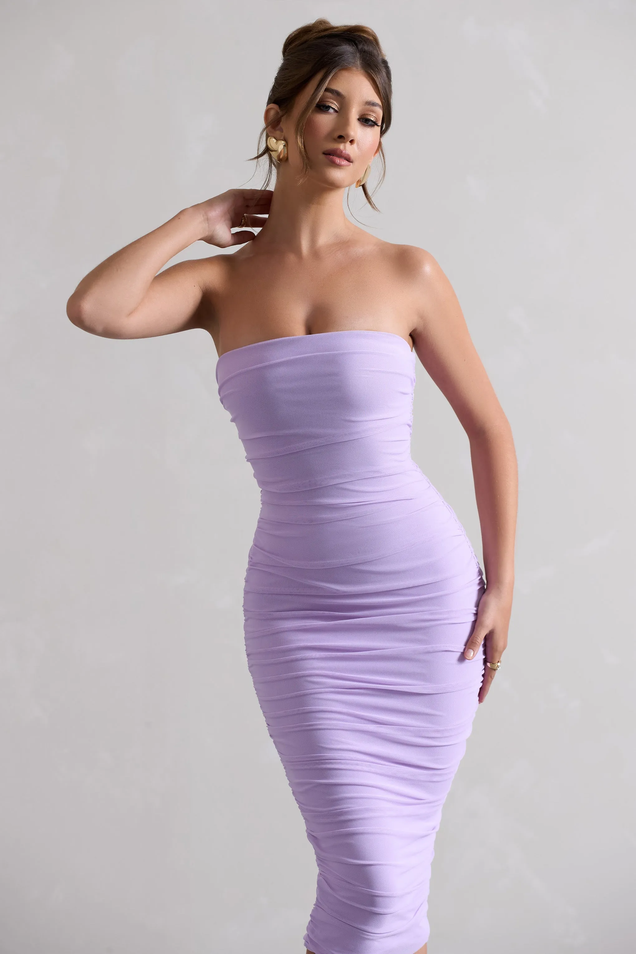 My Girl | Lilac Strapless Bodycon Ruched Mesh Midi Dress