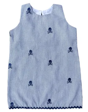 Navy Seersucker Girls Ric-Rac Dress with Navy Embroidered Pirate Skulls