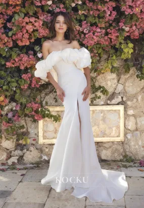 Off-Shoulder Mermaid Sleeveless High Split Ruched Satin Wedding Dress with Train Bridal Dress