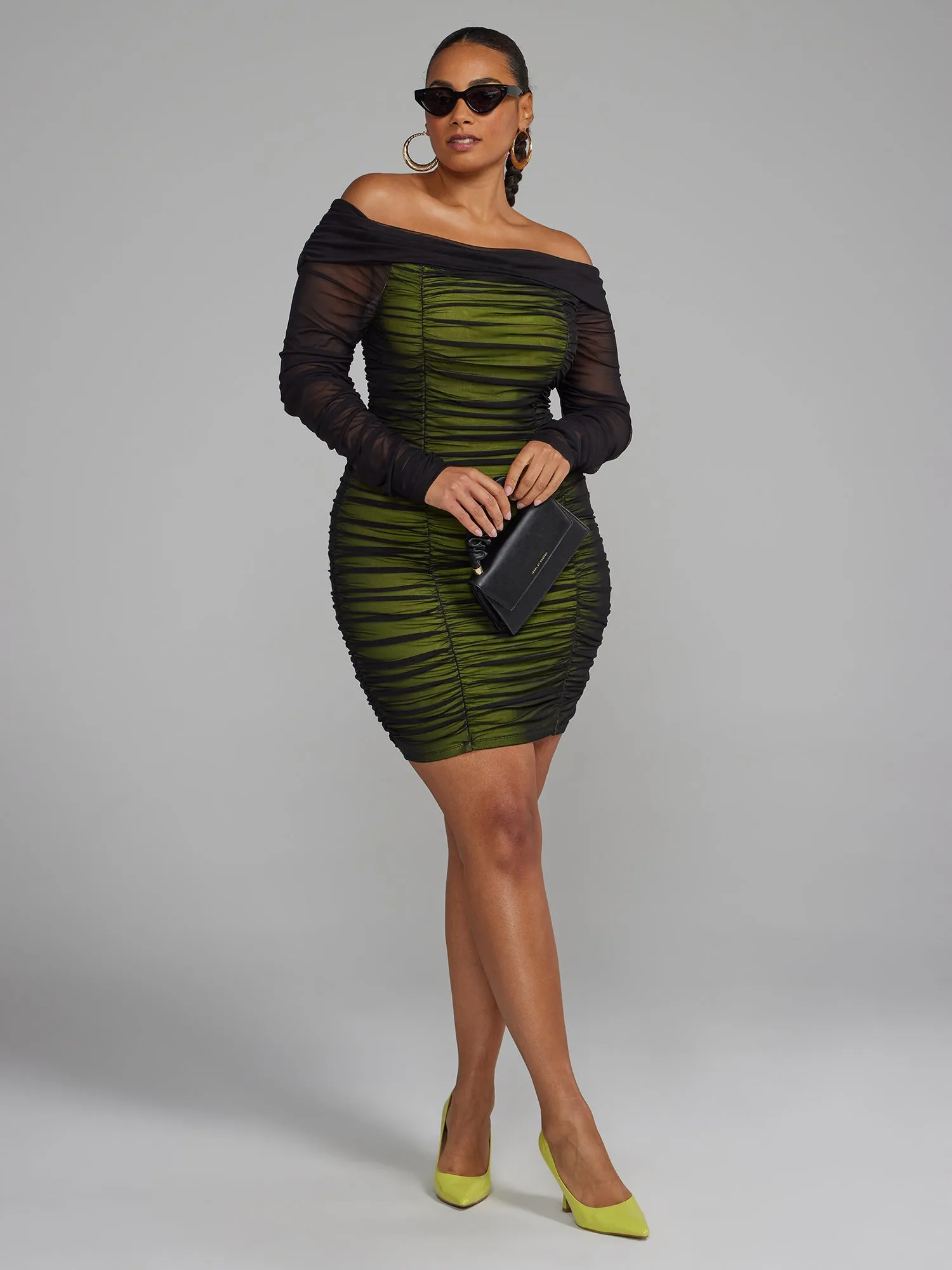 Off-The-Shoulder Ruched Mesh Dress