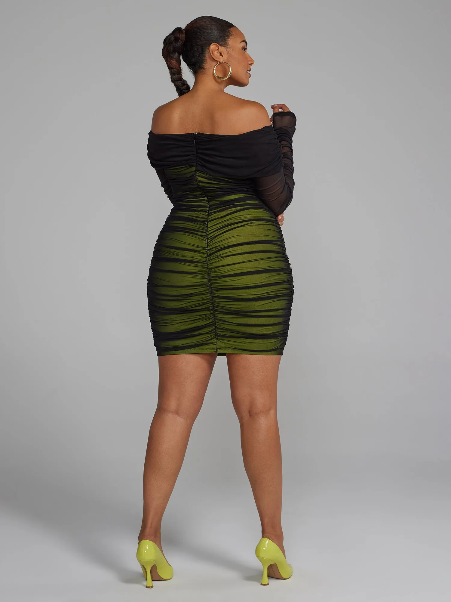 Off-The-Shoulder Ruched Mesh Dress