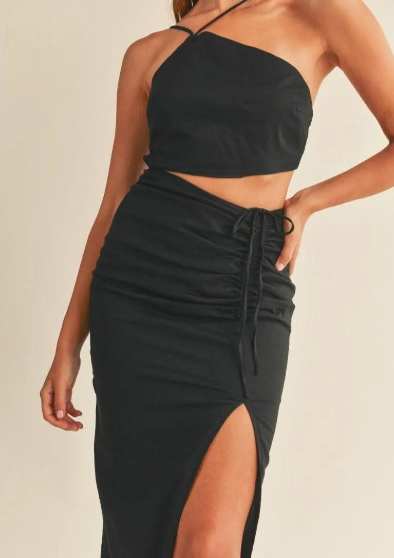 One Strap Cut Out Ruched Slit Midi Dress