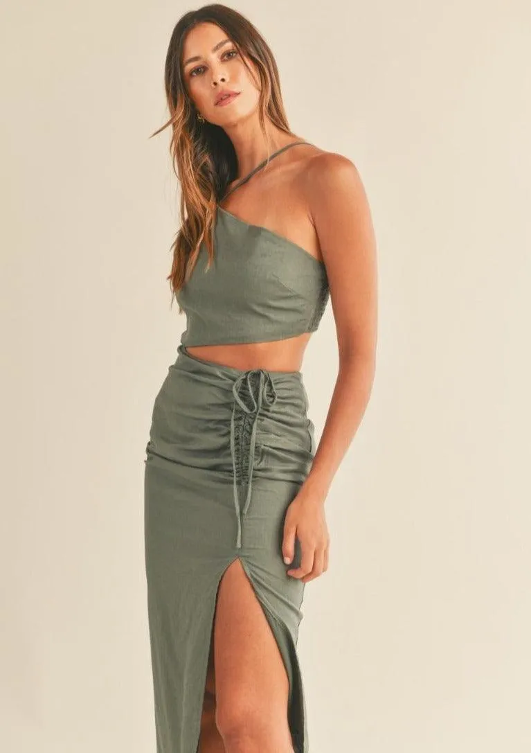 One Strap Cut Out Ruched Slit Midi Dress