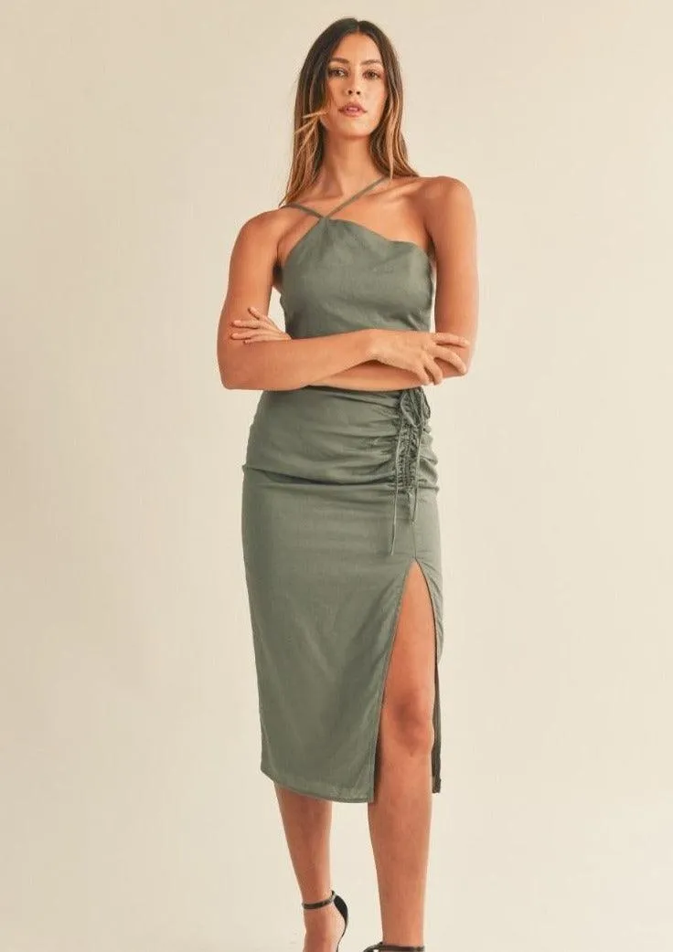 One Strap Cut Out Ruched Slit Midi Dress