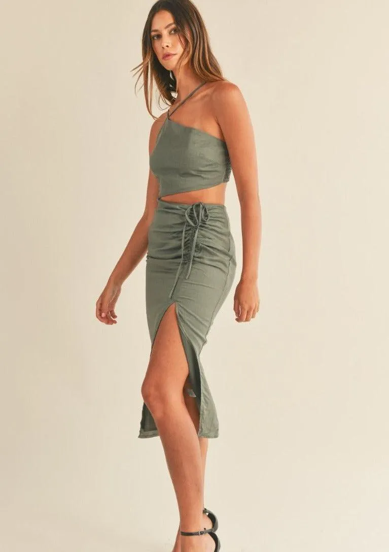 One Strap Cut Out Ruched Slit Midi Dress