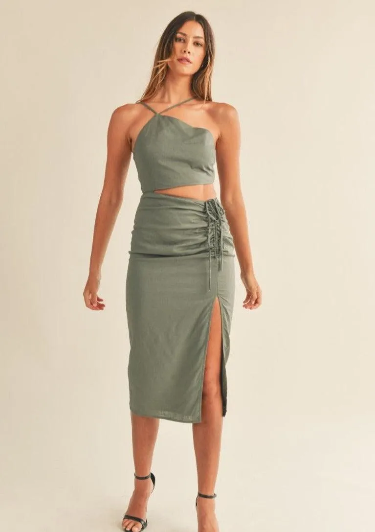 One Strap Cut Out Ruched Slit Midi Dress