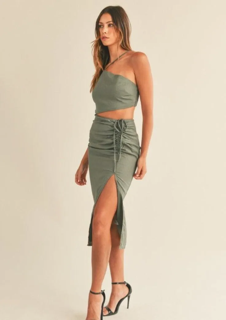 One Strap Cut Out Ruched Slit Midi Dress