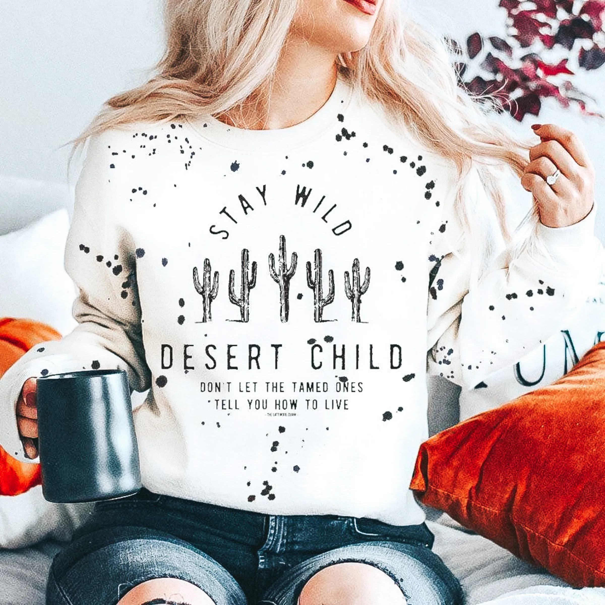 Online Exclusive | Stay Wild Desert Child Long Sleeve Paint Splatter Graphic Sweatshirt in White