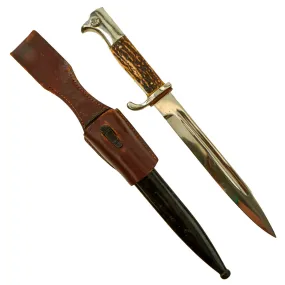 Original German WWII Heer 98k Stag Handle Dress Bayonet by Rare Maker C. Gustav Spitzer AG with Scabbard & Frog