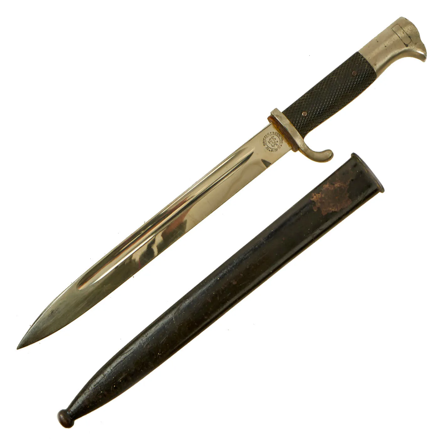 Original German WWII Long 98k Dress Bayonet by C. Gustav Spitzer with Period Applied Postschutz Emblem & Scabbard