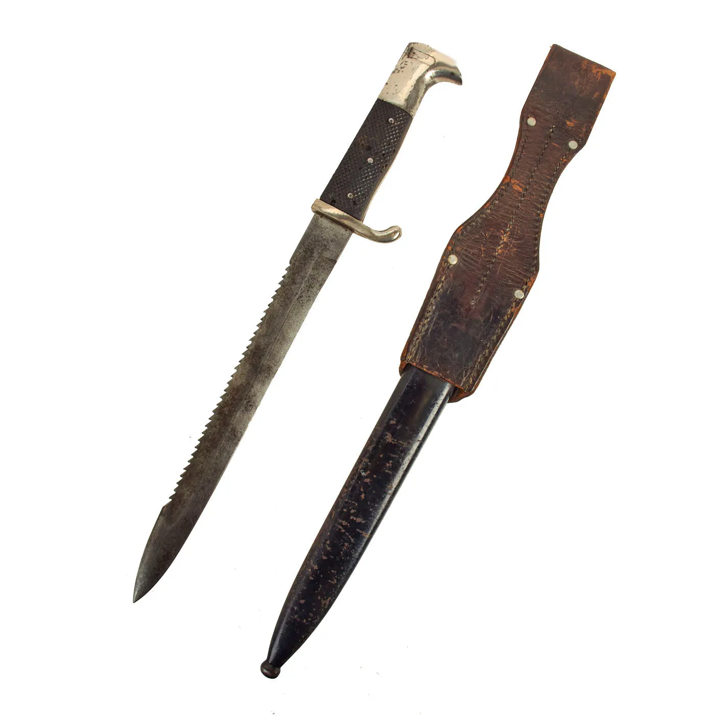 Original Imperial German WWI Kurzes Seitengewehr M1898 Sawback Dress Bayonet by Carl Eickhorn with WWII 1940 Dated Leather Frog and Scabbard