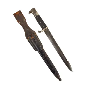 Original Imperial German WWI Kurzes Seitengewehr M1898 Sawback Dress Bayonet by Carl Eickhorn with WWII 1940 Dated Leather Frog and Scabbard